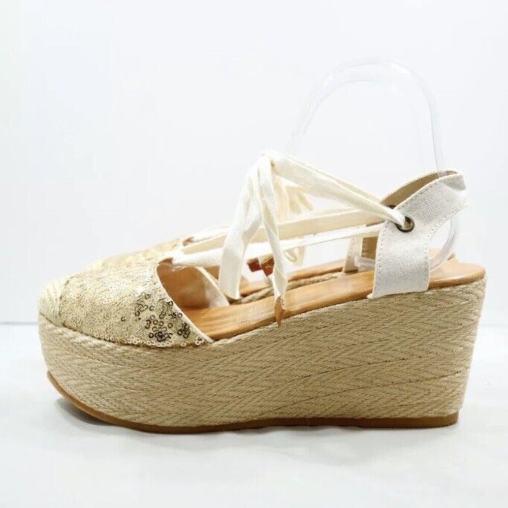 Silvia Cobos Handmade Gold Sequin‎ Platform Lace Up 3" Wedge 7 Summer Women Shoe
